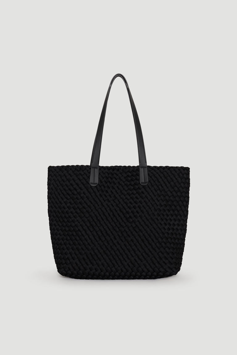 Black woven tote bag with long smooth handles, featuring a textured design for a stylish everyday accessory.