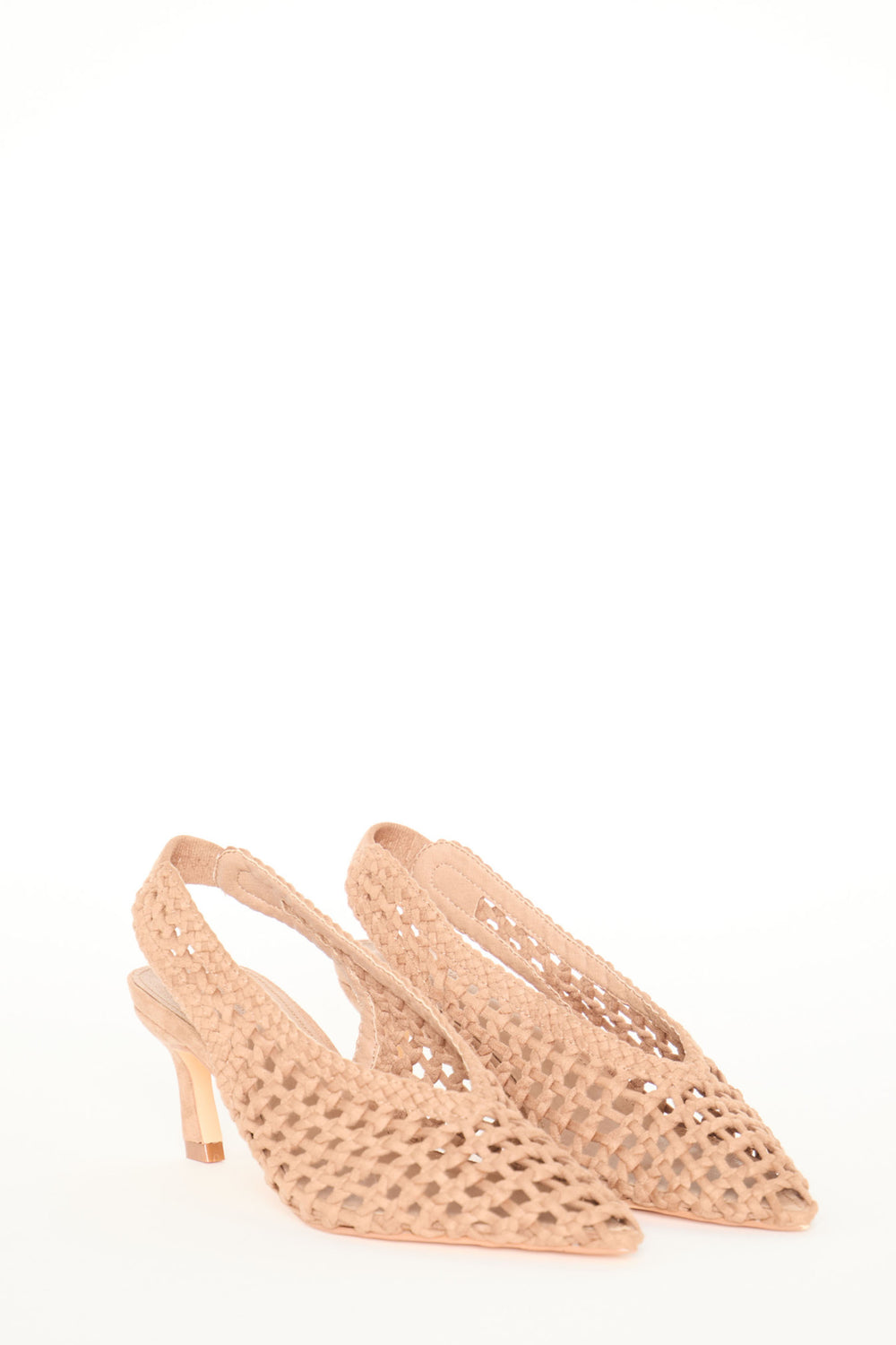 Pair of camel-colored suede slingback heels with pointed toes and woven lattice texture design