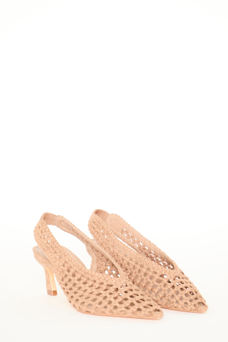 Pair of camel-colored suede slingback heels with pointed toes and woven lattice texture design