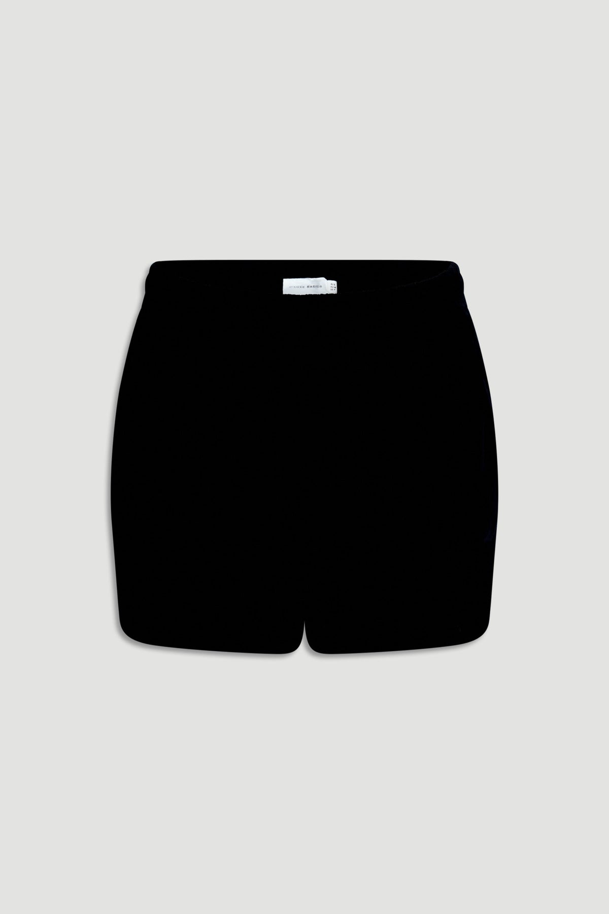 Black linen blend shorts with a curved hem and relaxed fit, designed for everyday comfort and style.
