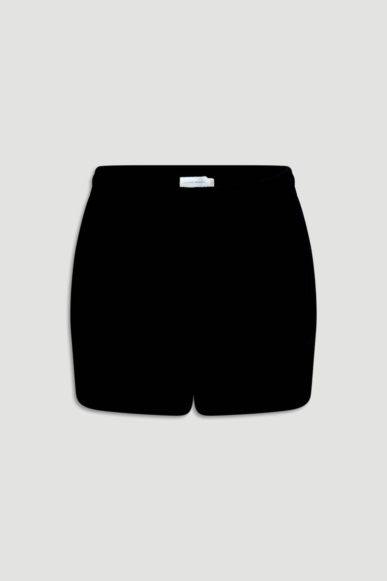 Black linen blend shorts with a curved hem and relaxed fit, designed for everyday comfort and style.