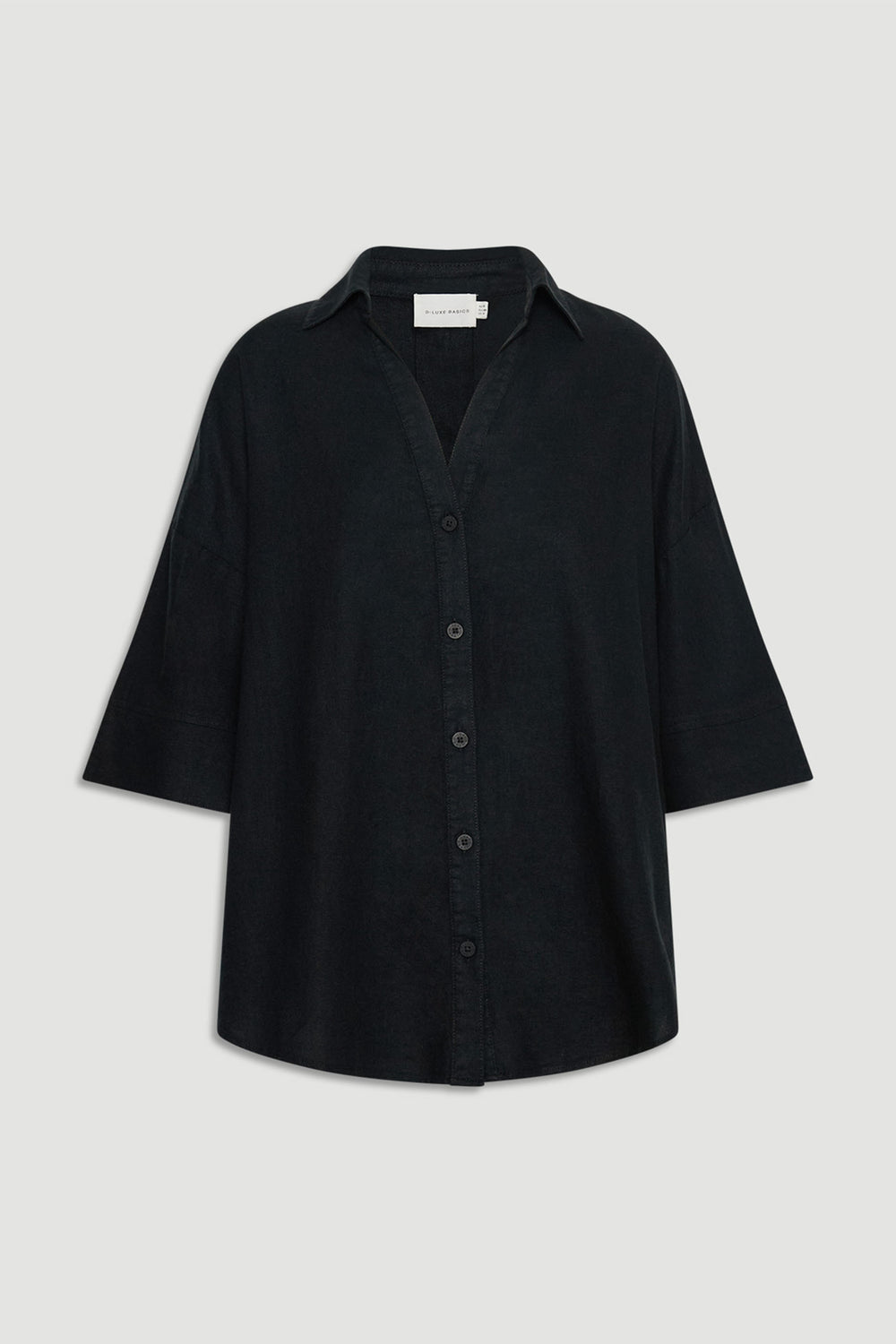 D-Luxe Linen Blend 3/4 Shirt in black, portrait view, lightweight breathable linen with relaxed fit, gallery image 4