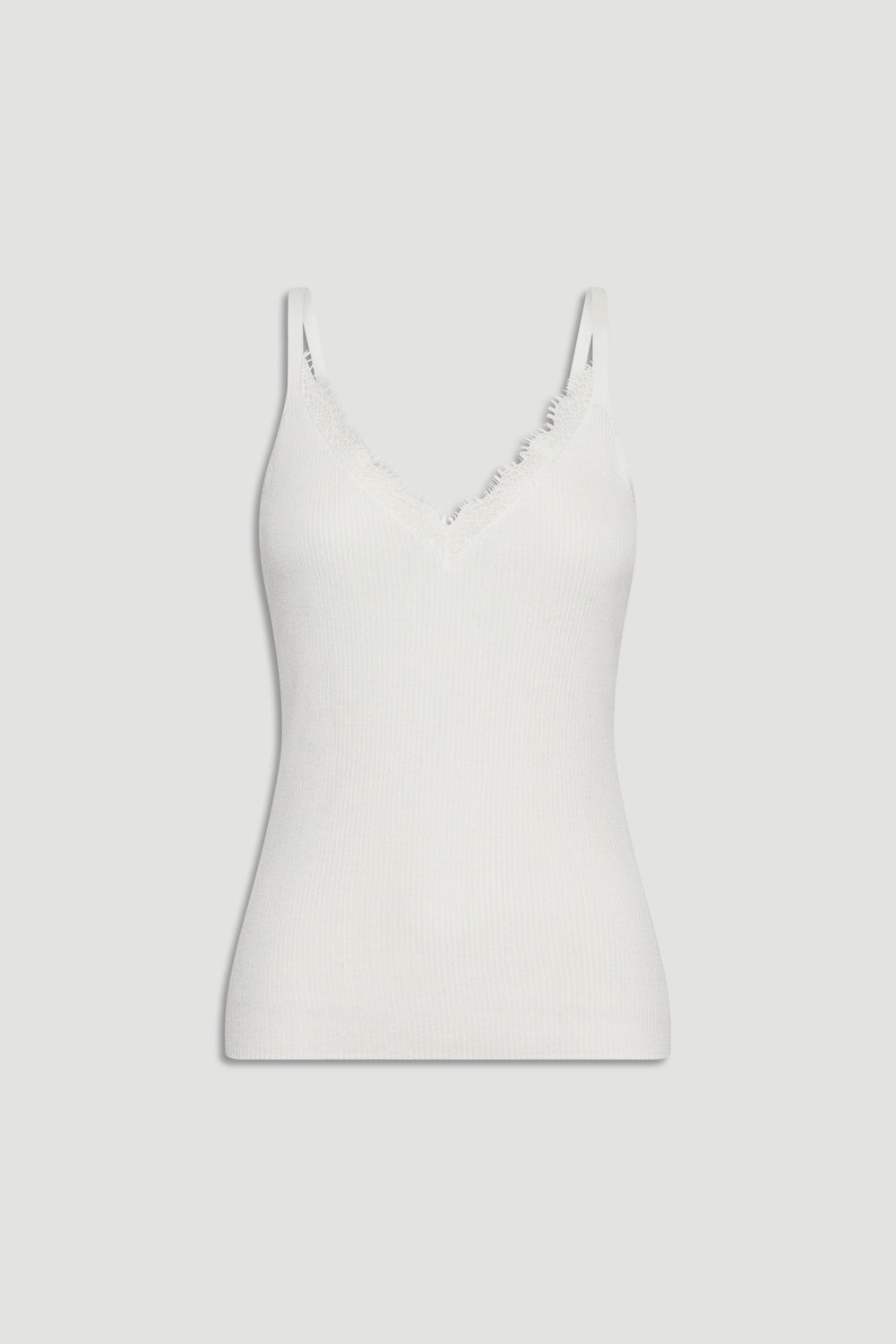 Gracie Lace Knit Tank in white with lace trim and adjustable straps, neat fit, portrait gallery position 4 image.