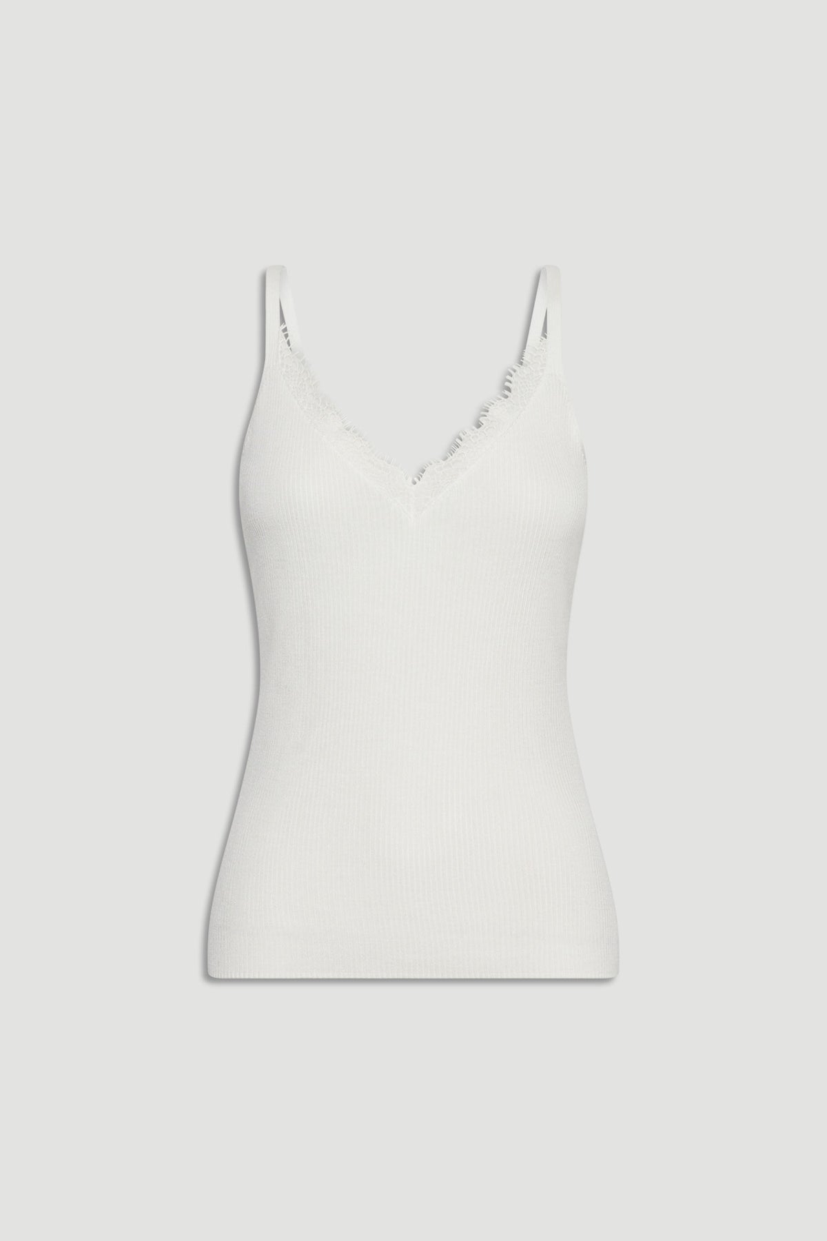Gracie Lace Knit Tank in white with lace trim and adjustable straps, neat fit, portrait gallery position 4 image.