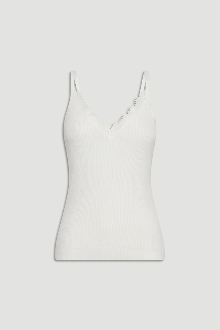 Gracie Lace Knit Tank in white with lace trim and adjustable straps, neat fit, portrait gallery position 4 image.