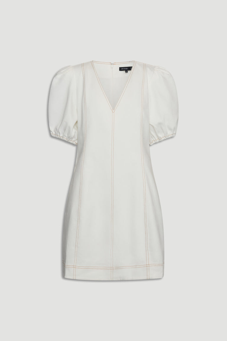 White denim mini dress with a V neckline, puff sleeves, elasticated cuffs and front seam detailing