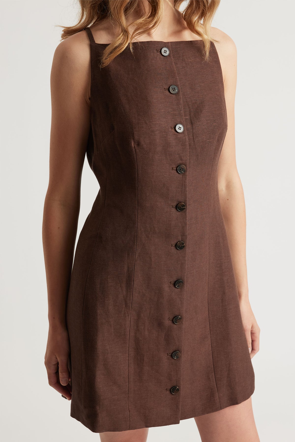 Benne Button Front Vest Dress in brown linen with square neckline and button front, gallery position 2, portrait orientation.