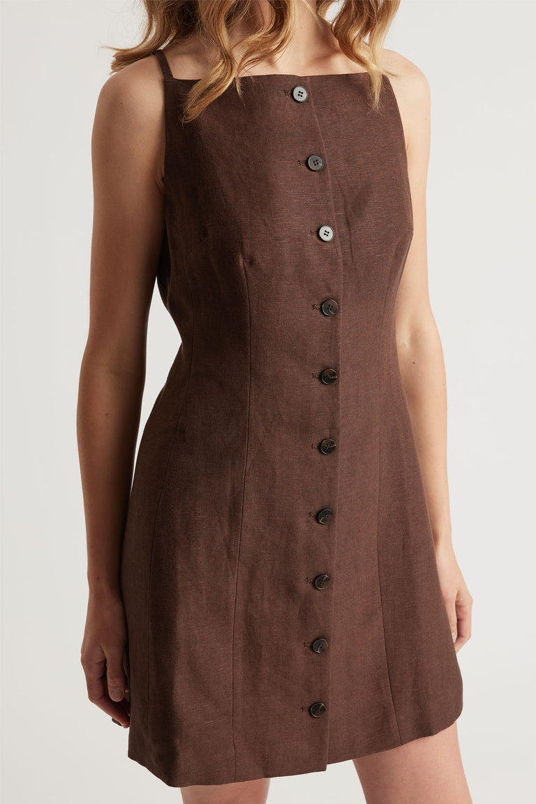 Benne Button Front Vest Dress in brown linen with square neckline and button front, gallery position 2, portrait orientation.