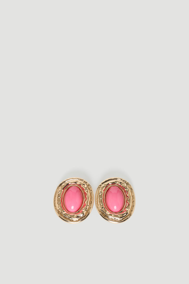 Pair of gold-tone earrings featuring bold pink stone centers with textured circular frames for a stylish accent.