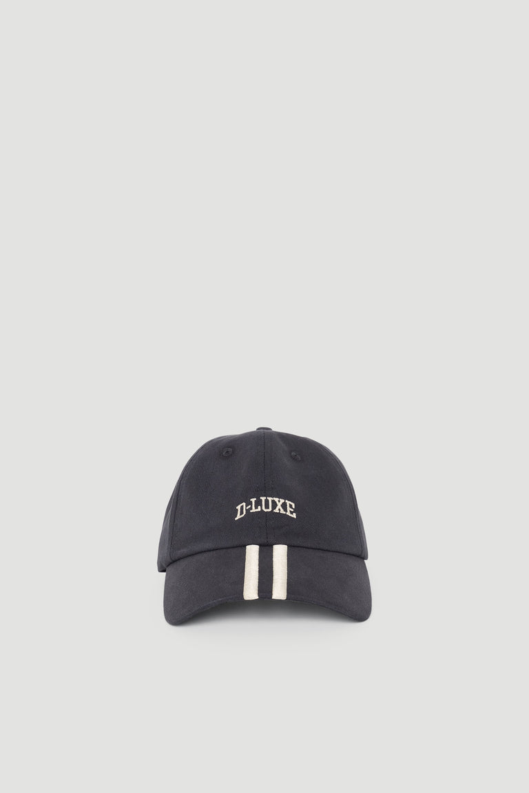 Navy cap with contrasting cream stripes and embroidered logo for a casual, stylish accessory.