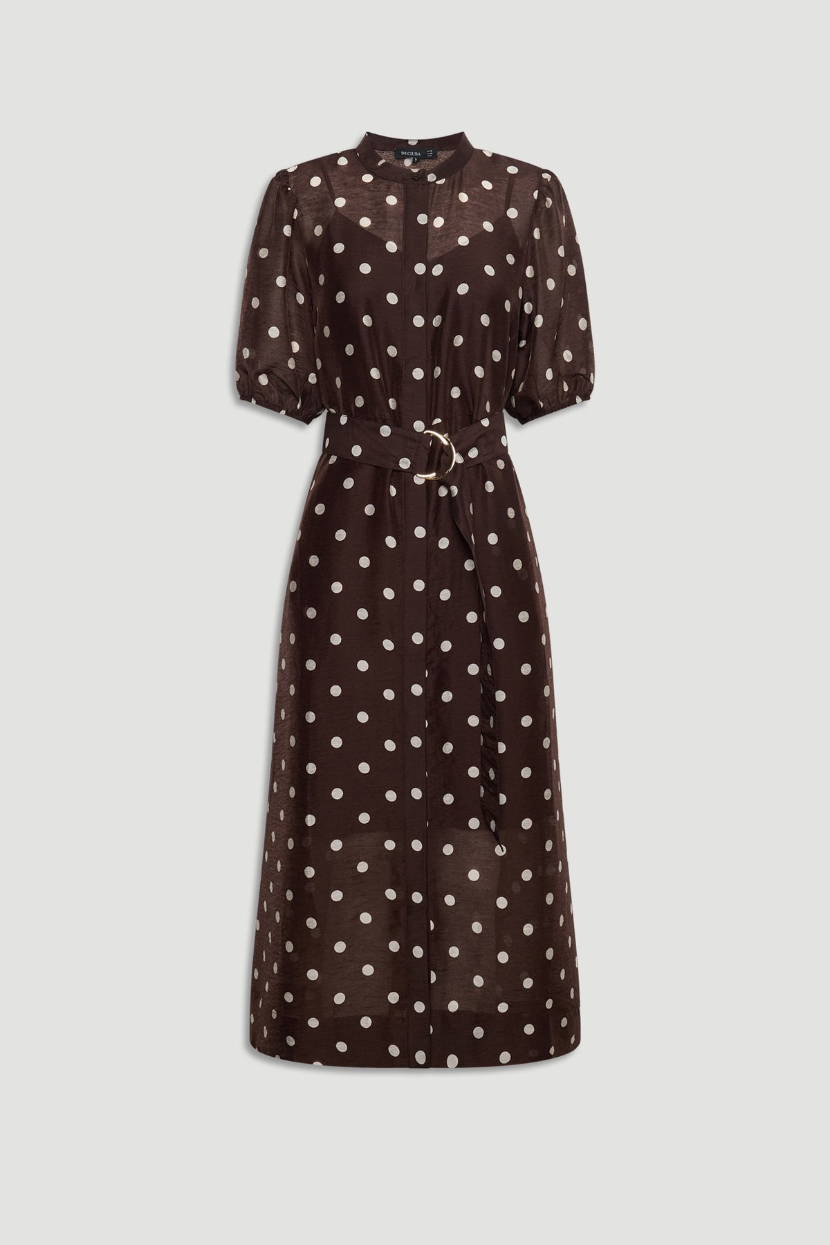 Becca Puff Sleeve Midi Dress in brown with white polka dots, puff sleeves, button closure, and adjustable belt, gallery 4.