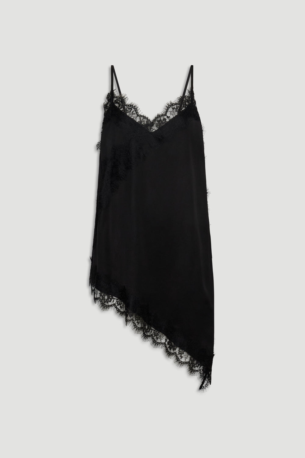 Karla Lace Tunic in black with lace trim, V neckline, thin straps, and asymmetric hem, gallery position 4 portrait view.