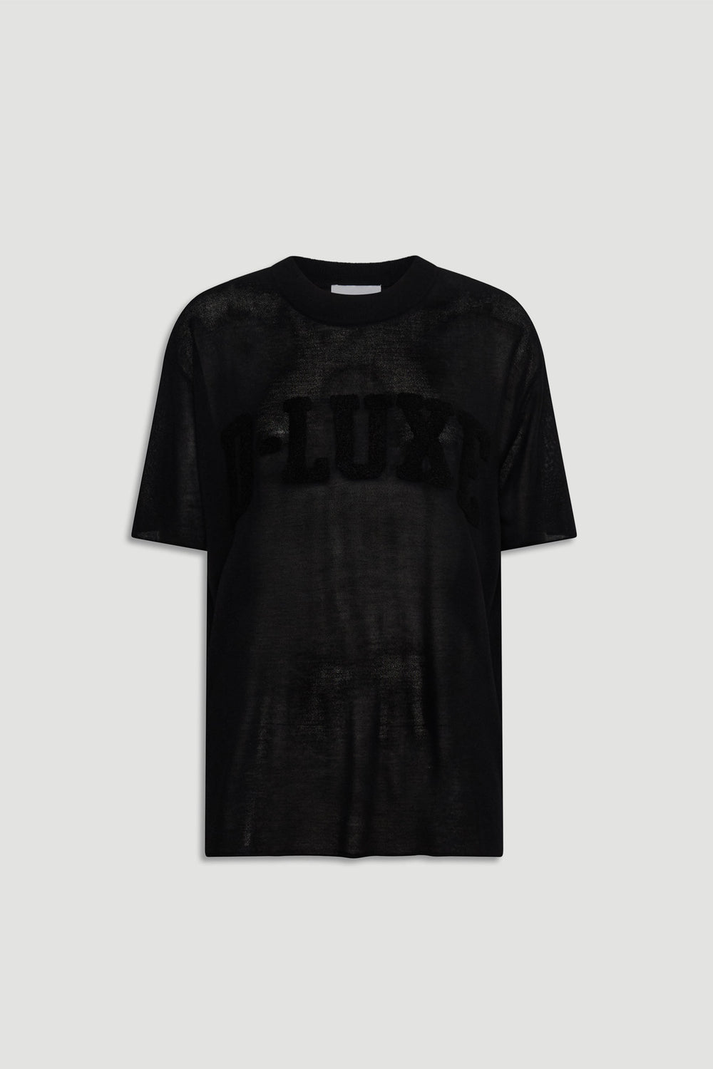 D-Luxe Fine Knit Tee in black semi-sheer bouclé knitwear, crew neck, short sleeves, gallery image 4 portrait view.
