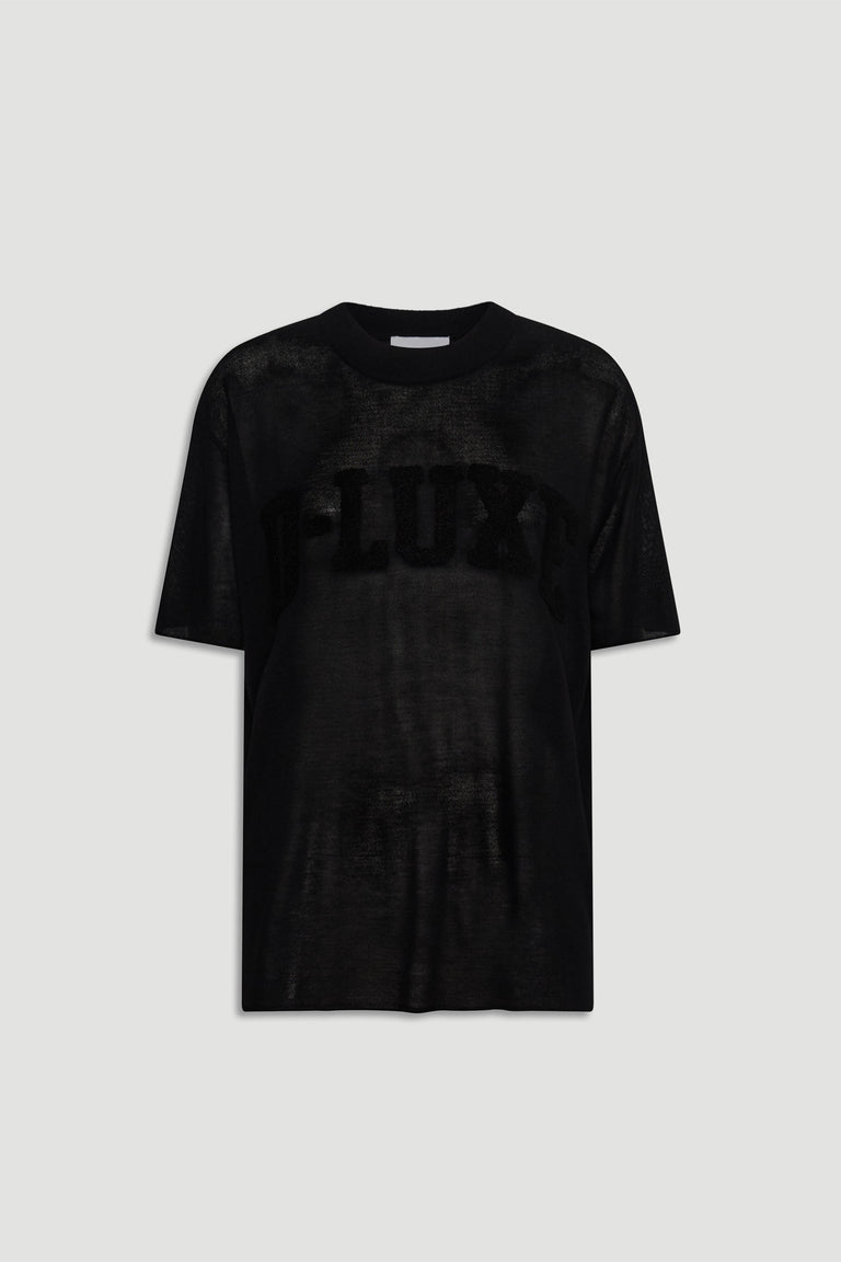 D-Luxe Fine Knit Tee in black semi-sheer bouclé knitwear, crew neck, short sleeves, gallery image 4 portrait view.