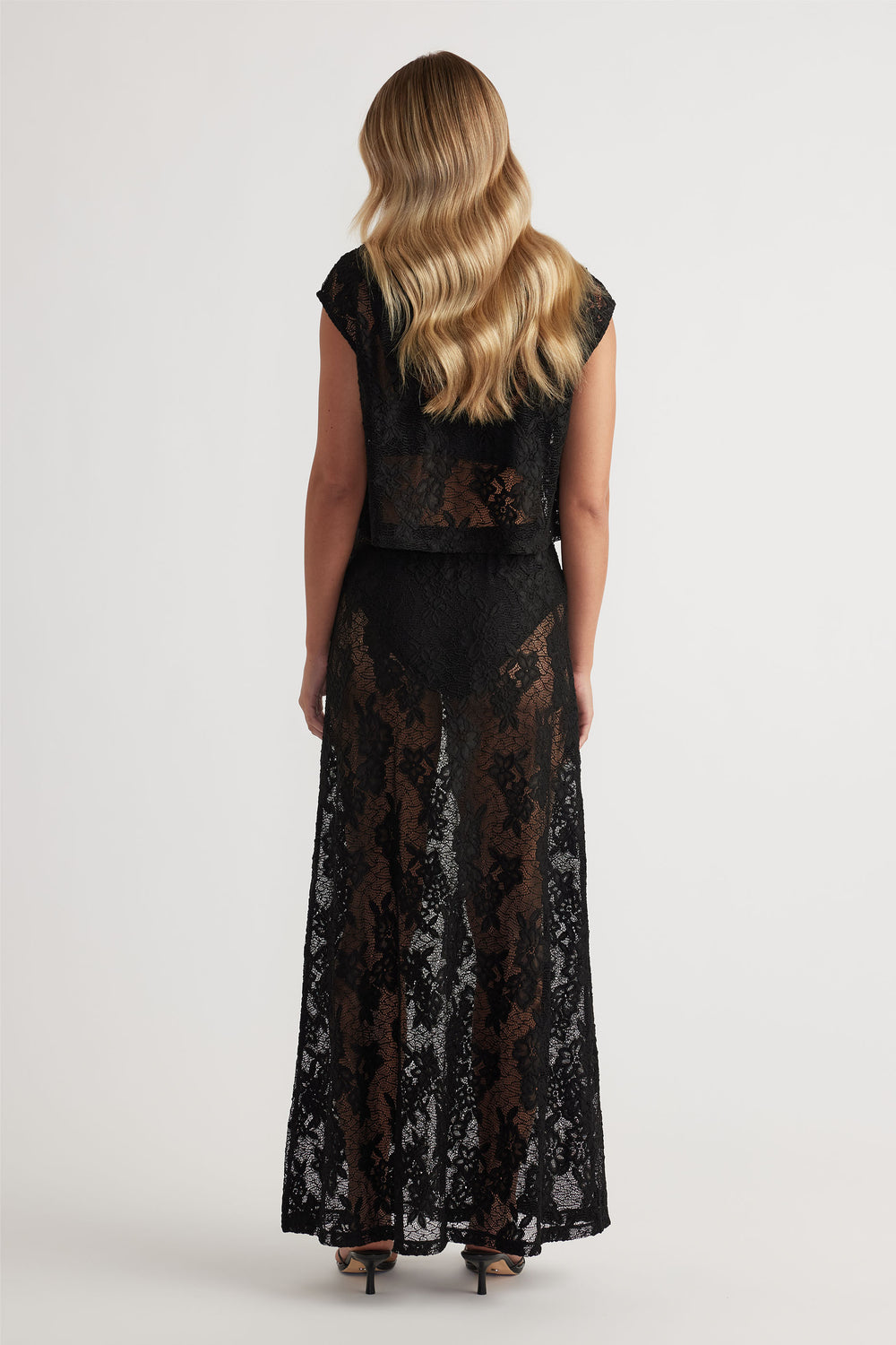 Lace Cropped Top in black floral lace with cap sleeves, paired with matching sheer lace skirt by DECJUBA Australian brand