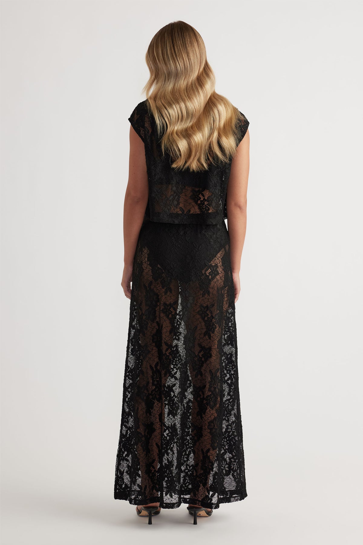 Lace Cropped Top in black floral lace with cap sleeves, paired with matching sheer lace skirt by DECJUBA Australian brand