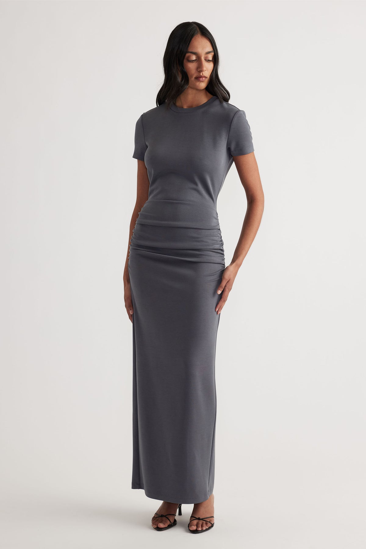 Monica Midi Tee Dress in charcoal with fitted silhouette and subtle ruching, crafted by DECJUBA Australian fashion brand