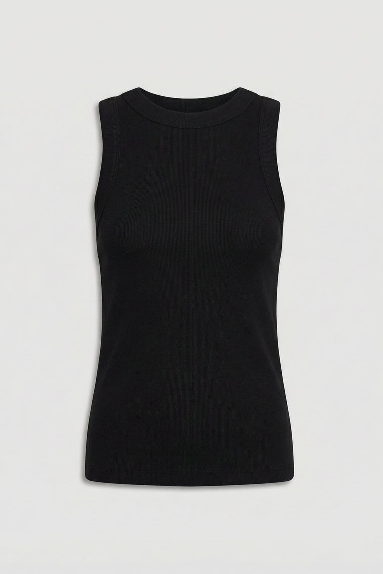Charlotte Rib Tank in black ribbed knit with a fitted silhouette, versatile womens top by DECJUBA Australian fashion brand