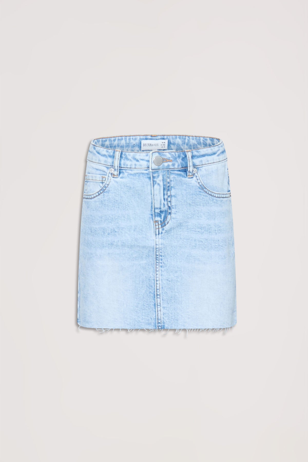 Light wash denim skirt for girls with classic five-pocket design and raw hem detail for casual style.