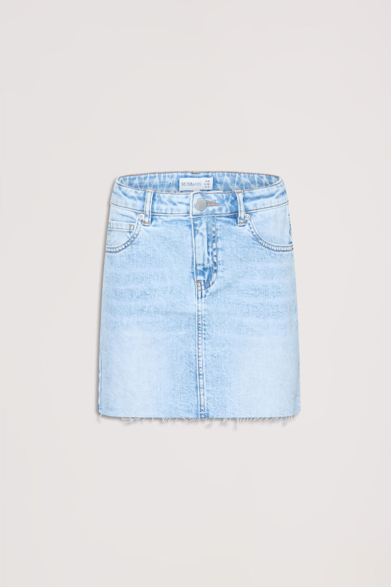 Light wash denim skirt for girls with classic five-pocket design and raw hem detail for casual style.