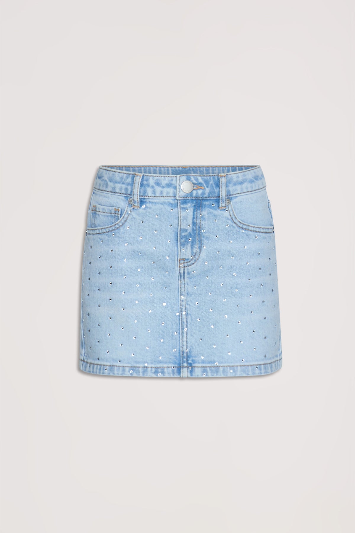 Light wash denim skirt for girls adorned with subtle sparkling embellishments for a playful, stylish touch.