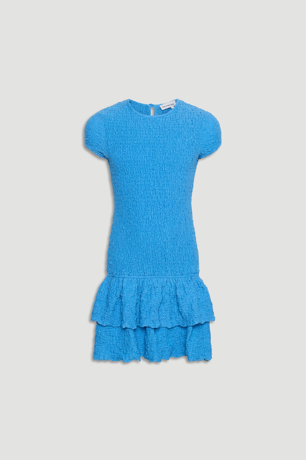 Bright blue shirred dress for girls with short sleeves and layered ruffle hem detail in textured fabric