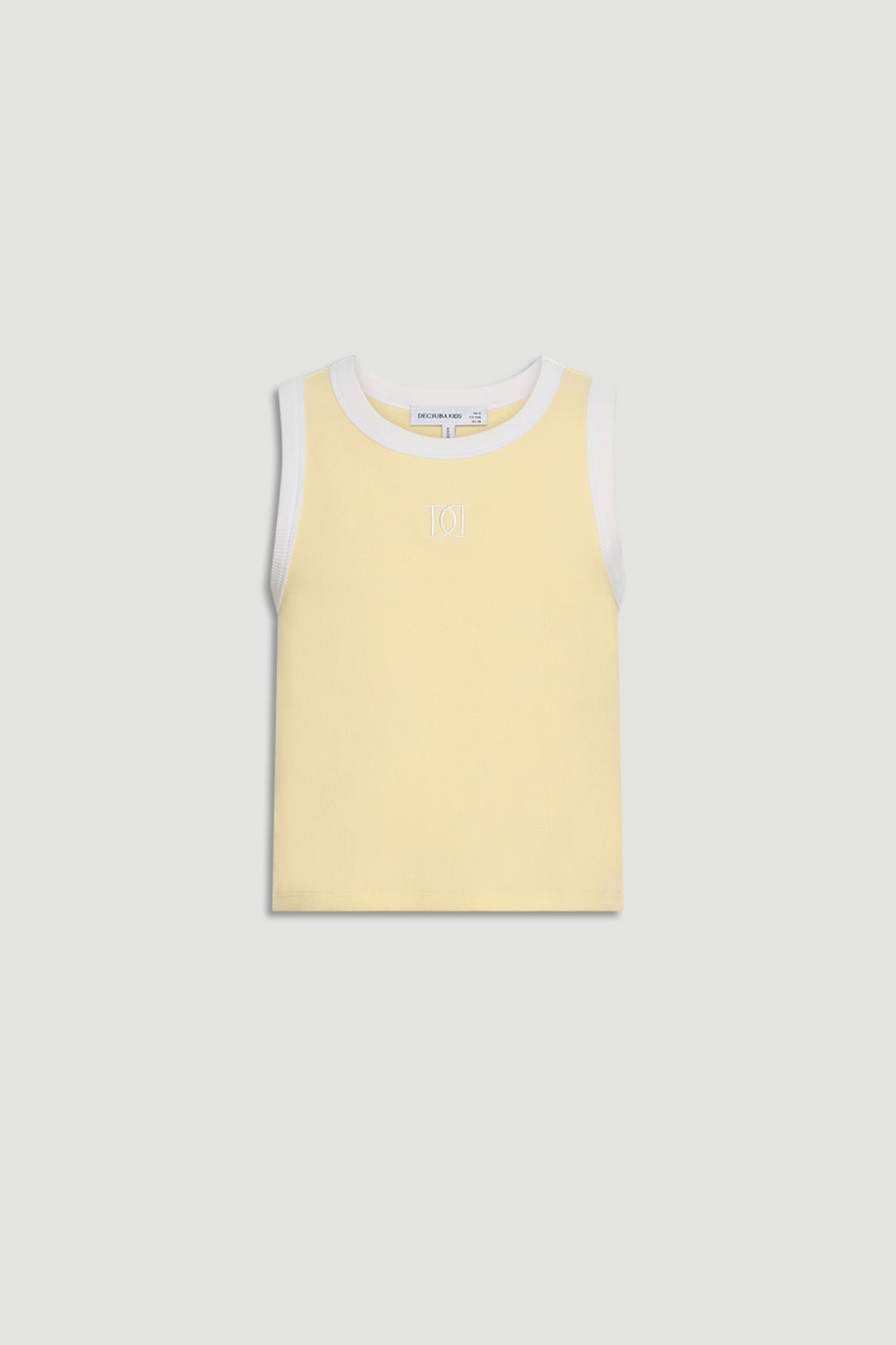 Girls sleeveless pastel yellow tank top with white trim and subtle front monogram detail, laid flat on grey background.