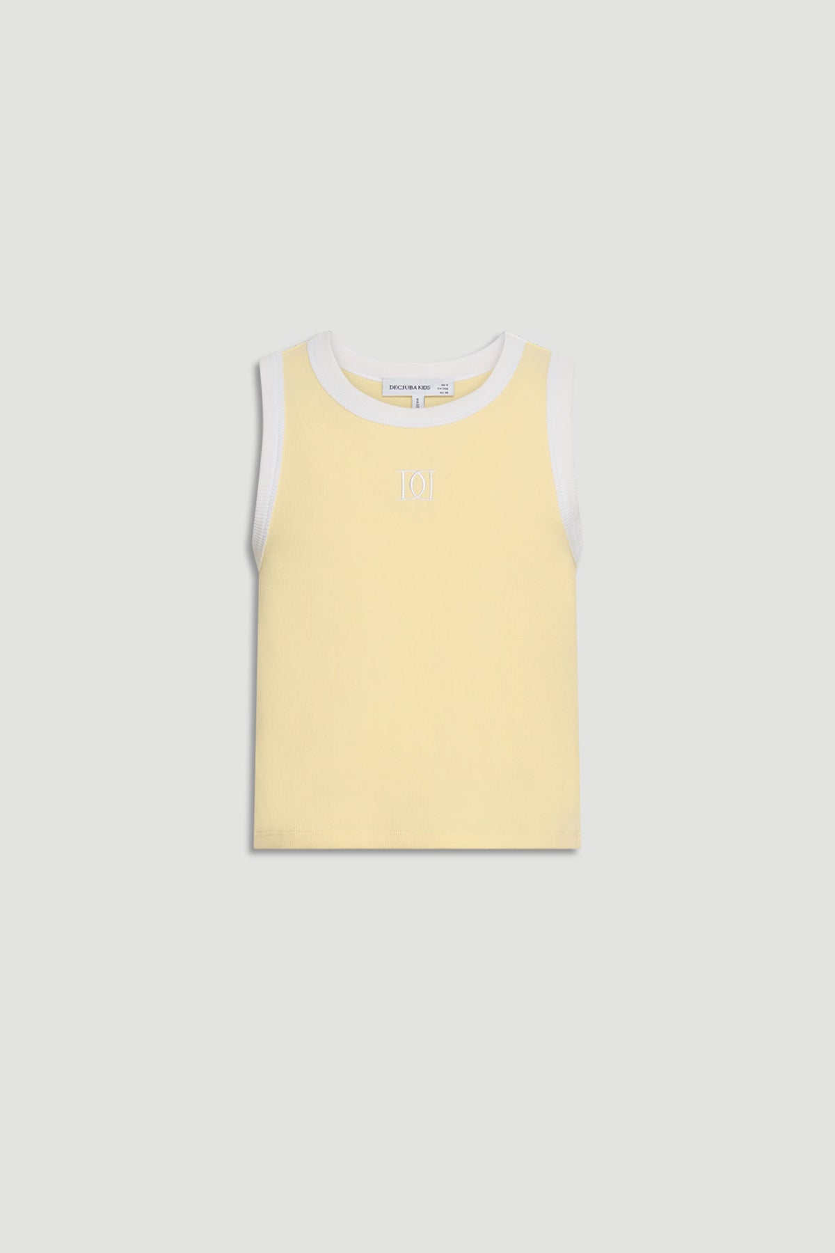 Girls sleeveless pastel yellow tank top with white trim and subtle front monogram detail, laid flat on grey background.
