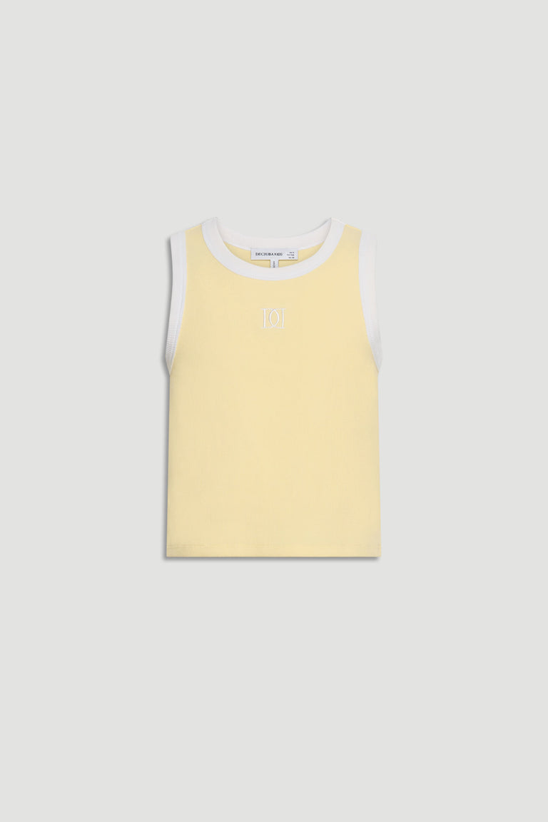 Girls sleeveless pastel yellow tank top with white trim and subtle front monogram detail, laid flat on grey background.