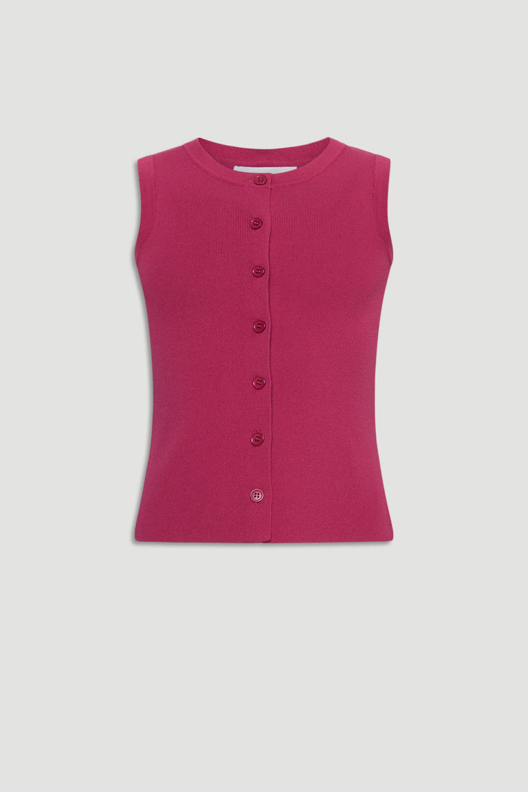 Sleeveless deep berry knit vest for girls with a slim fit and front button closure, perfect for layering or casual wear