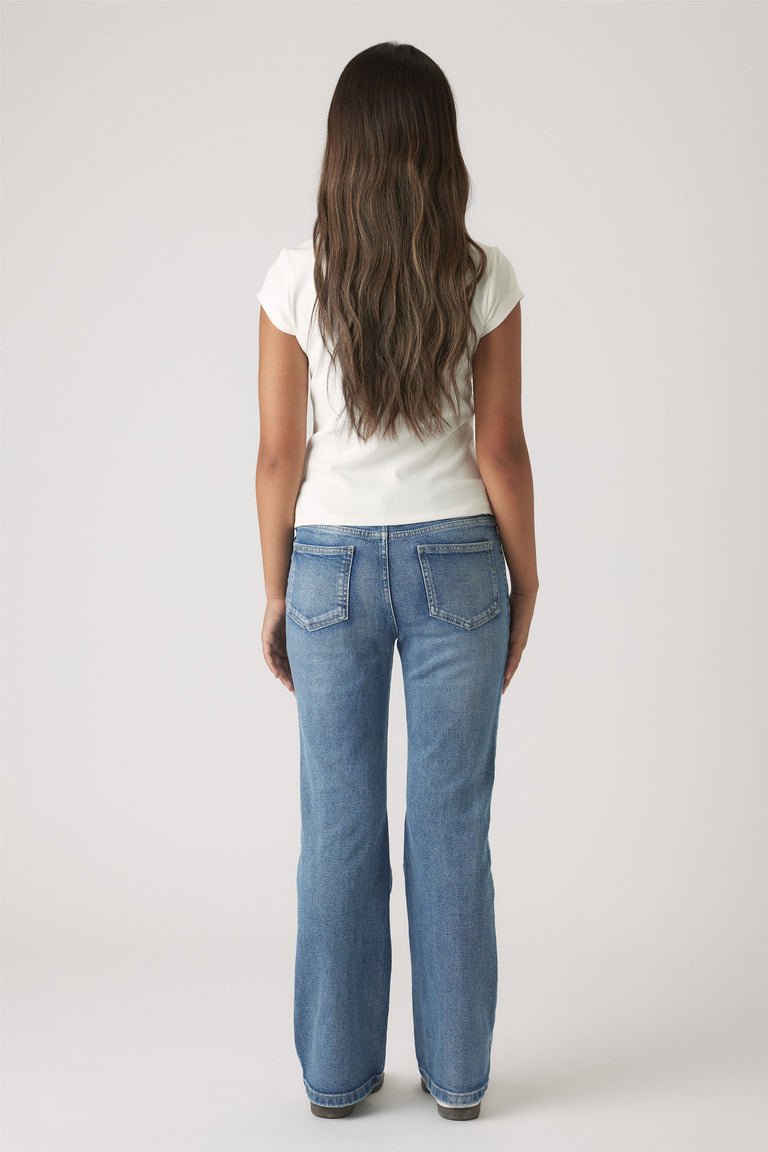 Girls Lucy Flare Jean in mid-blue denim with a classic back pocket design and relaxed flare by DECJUBA Australian fashion brand