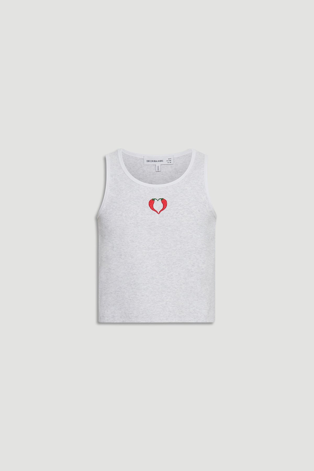 Light grey girls sleeveless tank top with small red and green heart-shaped embroidered detail on chest.