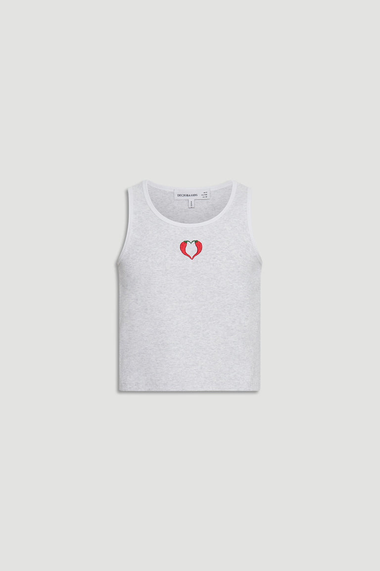 Light grey girls sleeveless tank top with small red and green heart-shaped embroidered detail on chest.