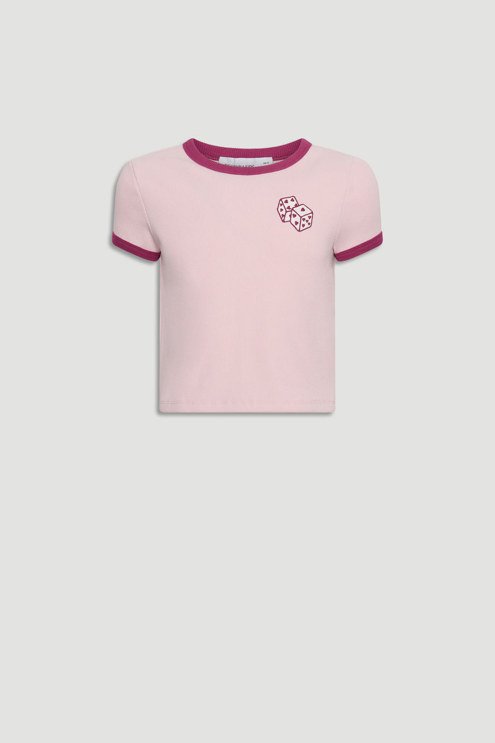 Pink cropped tee for girls with dark berry contrast ringer trim and playful dice graphic on the chest