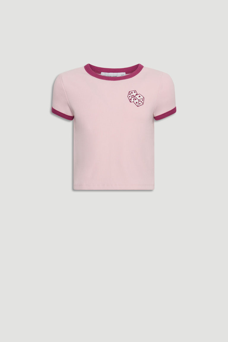 Pink cropped tee for girls with dark berry contrast ringer trim and playful dice graphic on the chest