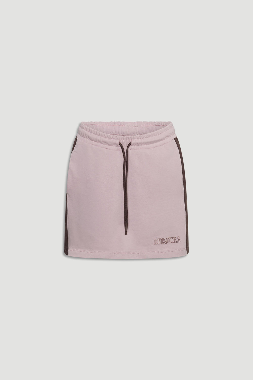 Light pink pull-on skirt for girls with elastic waistband, drawstring detail, and dark side stripes.