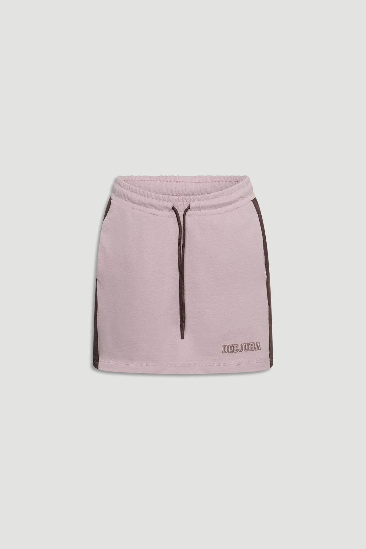 Light pink pull-on skirt for girls with elastic waistband, drawstring detail, and dark side stripes.