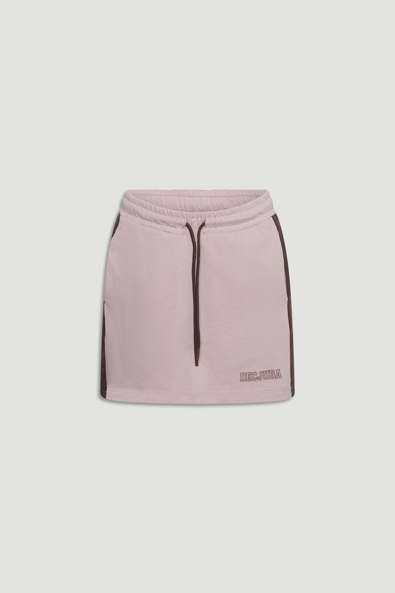 Light pink pull-on skirt for girls with elastic waistband, drawstring detail, and dark side stripes.