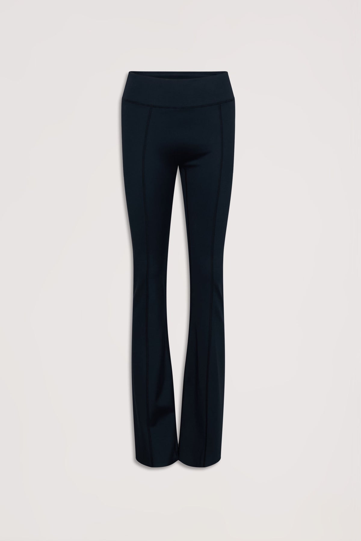 Black high-waisted flare leggings with front seam details, designed for comfort and effortless style.