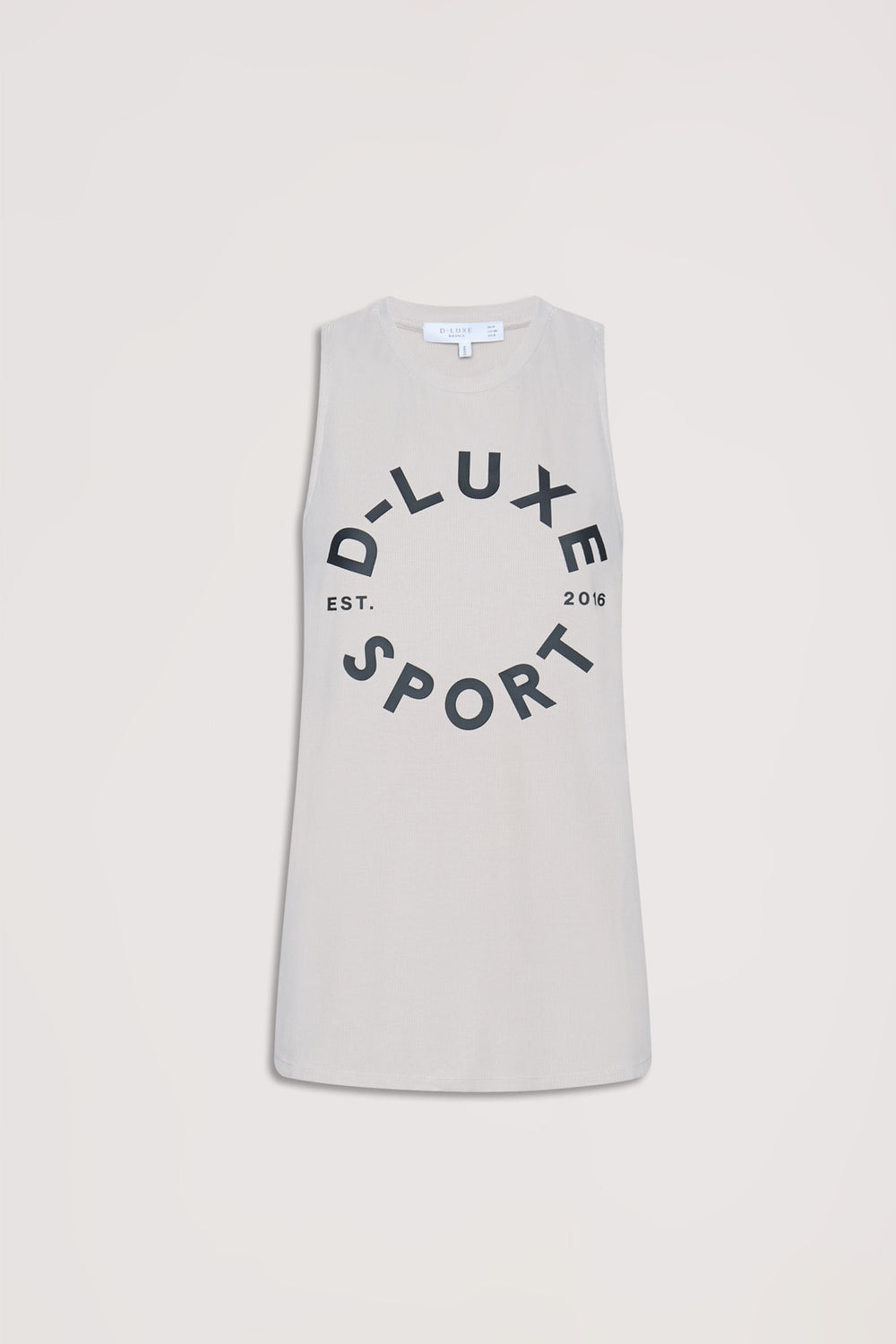 Sleeveless bamboo tank top in soft neutral shade with bold circular "D-Luxe Sport" print for casual style.