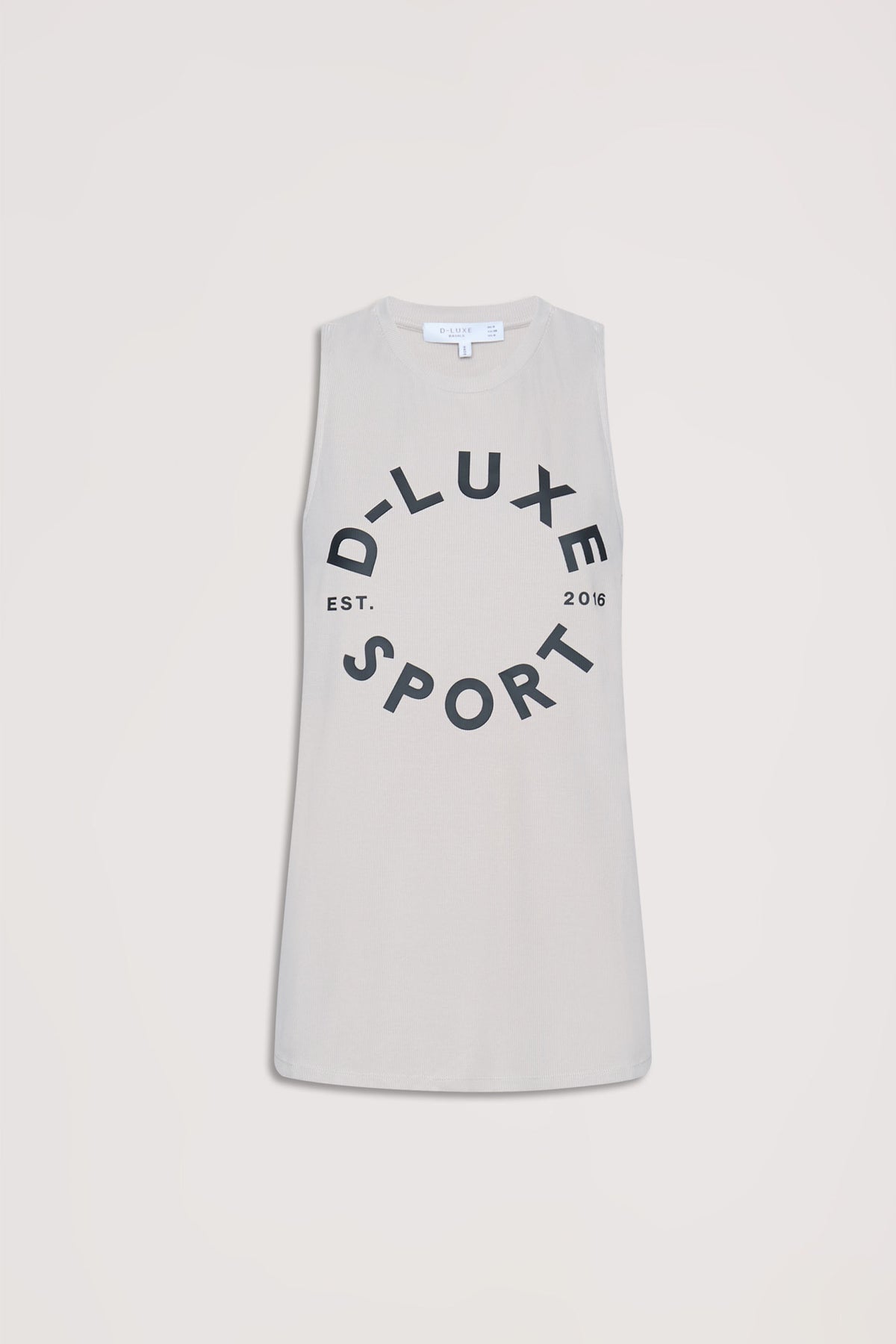 Sleeveless bamboo tank top in soft neutral shade with bold circular "D-Luxe Sport" print for casual style.