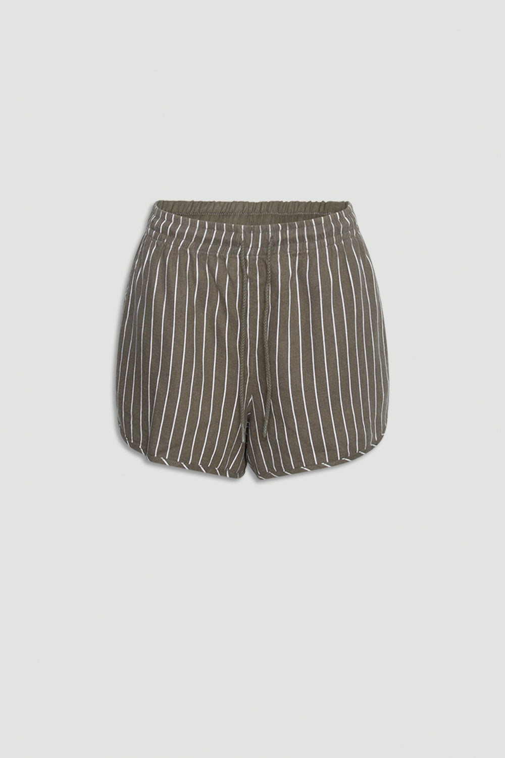 D-Luxe Linen Blend Curve Short in olive with white pinstripes, lightweight linen fabric, portrait gallery position 4 shot