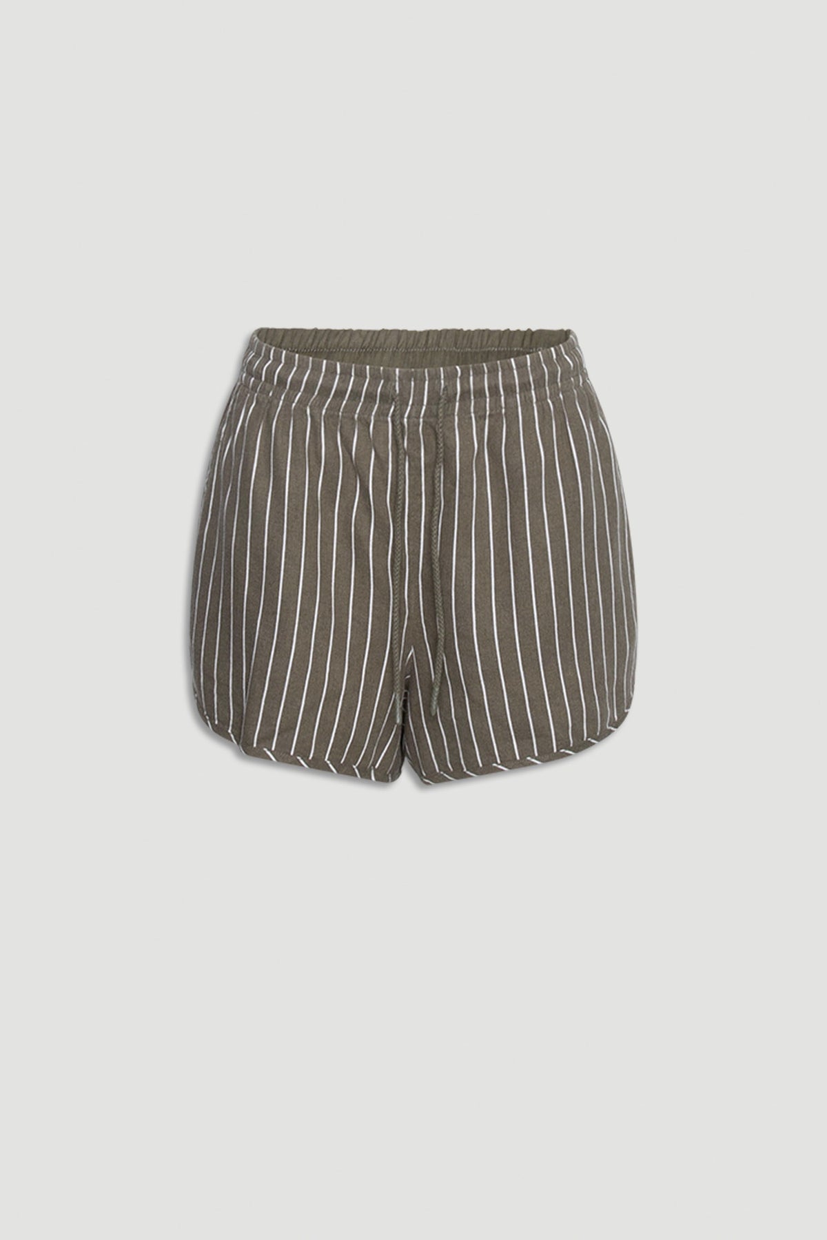 D-Luxe Linen Blend Curve Short in olive with white pinstripes, lightweight linen fabric, portrait gallery position 4 shot