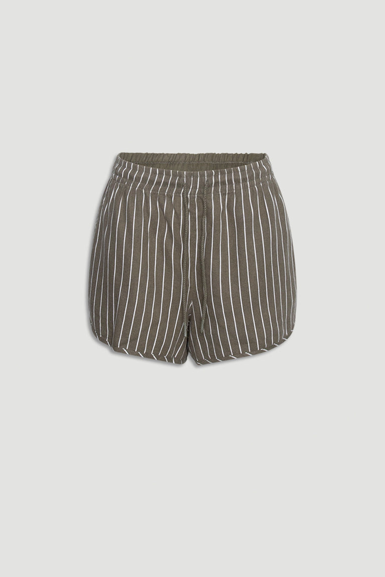 D-Luxe Linen Blend Curve Short in olive with white pinstripes, lightweight linen fabric, portrait gallery position 4 shot