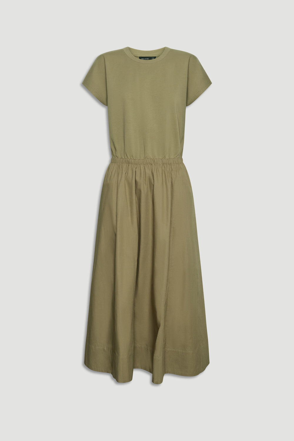 Sadie Spliced Maxi Dress in olive green with elasticated waistband and short sleeves, gallery position 4 portrait shot.