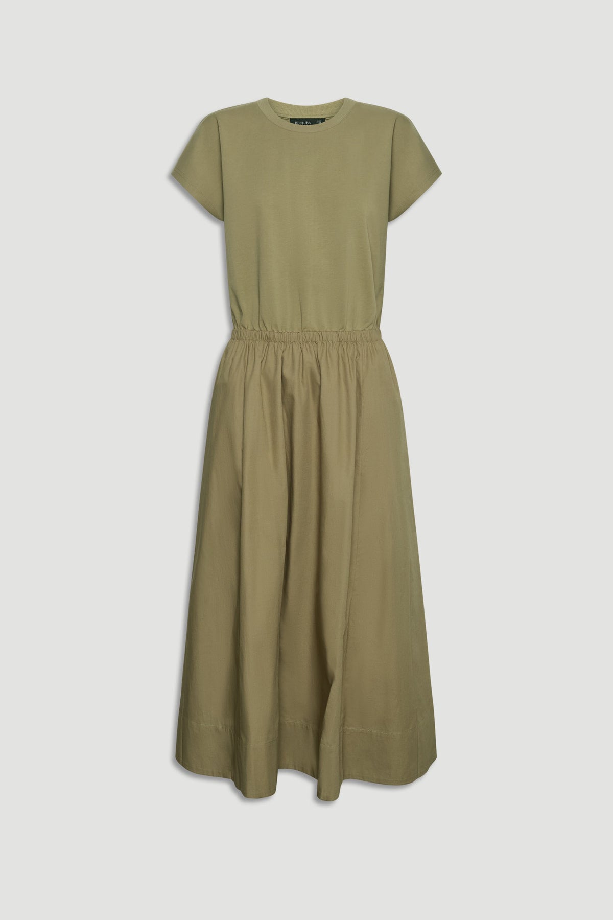 Sadie Spliced Maxi Dress in olive green with elasticated waistband and short sleeves, gallery position 4 portrait shot.