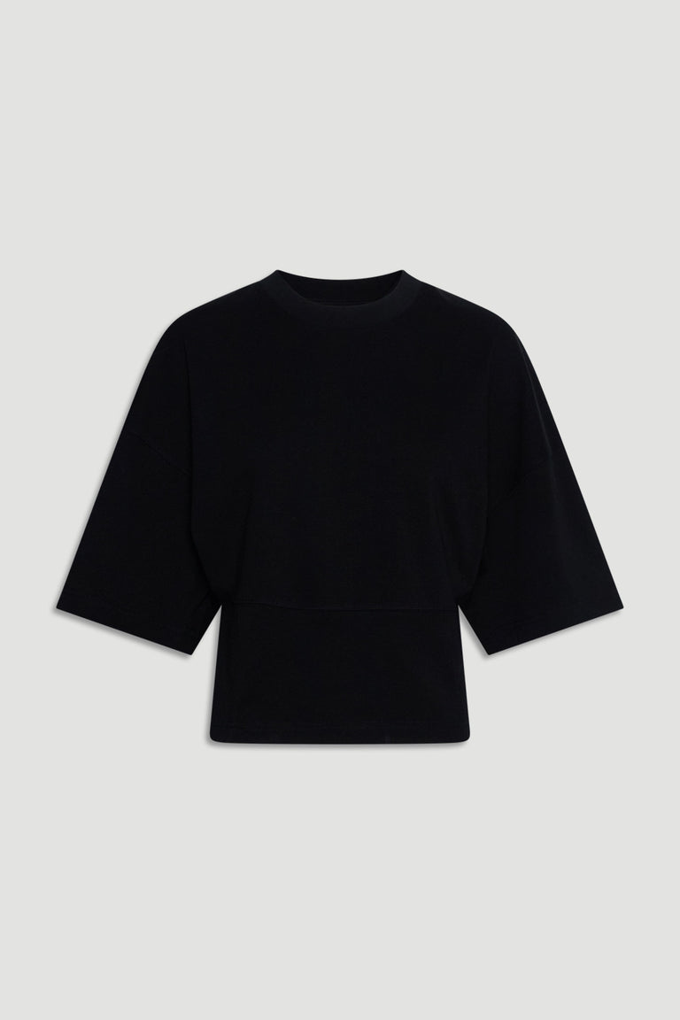 Kendall Fitted Waist Tee in black, crew neck, short sleeves, relaxed bust and fitted waist, gallery position 4 portrait shot.