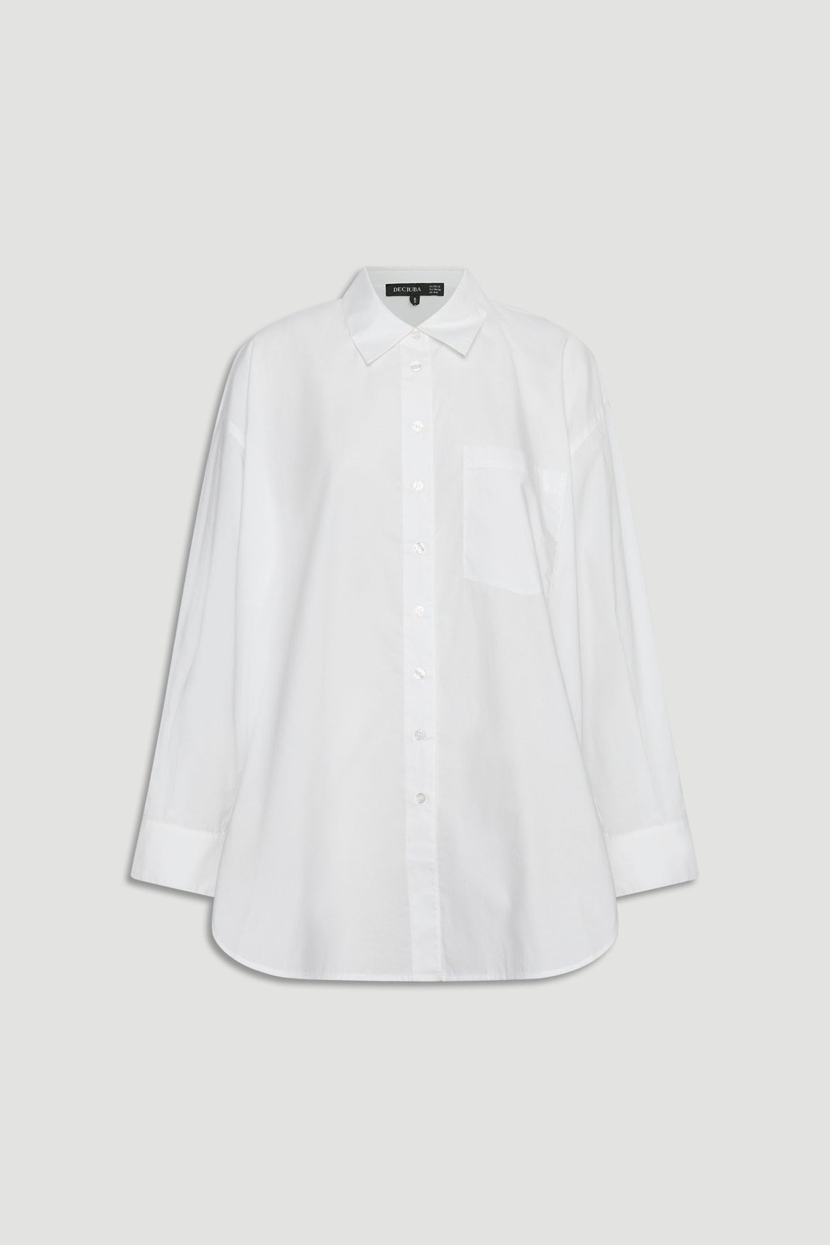 Ella Oversized Shirt in white with button front, collared neckline, full sleeves, and front patch pocket, gallery position 4 portrait