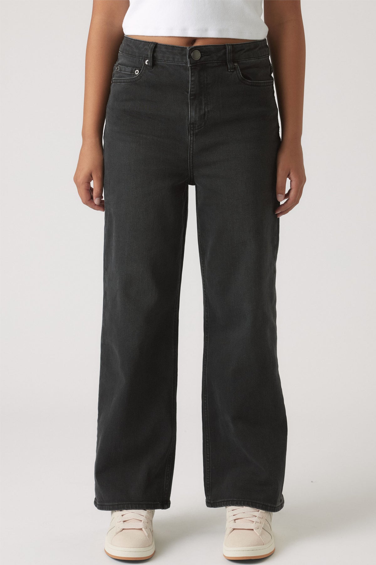 Girls Hailey Wide Leg Jean in black denim with comfortable high waist and relaxed fit by Decjuba for everyday stylish wear