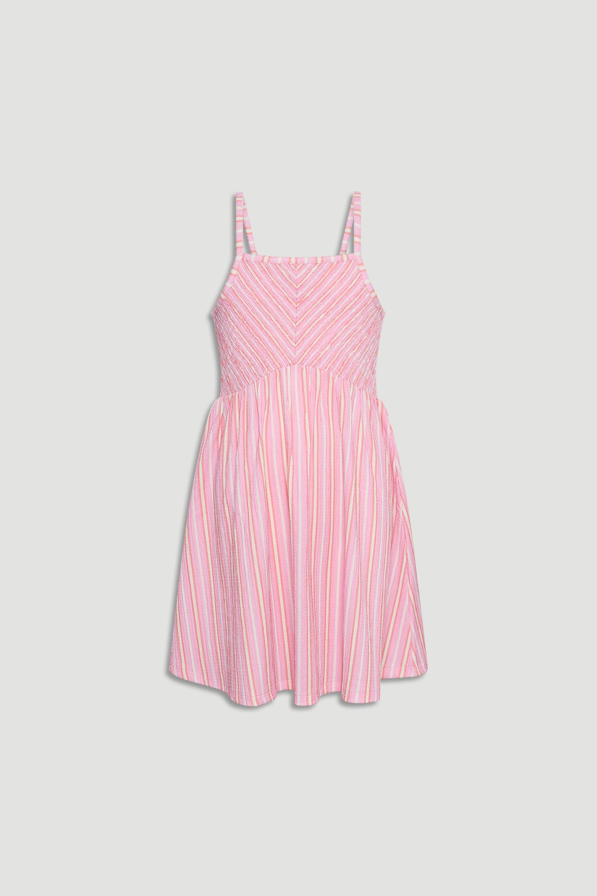 Pink and white striped girls dress with shirred bodice and thin shoulder straps in a light, airy fabric